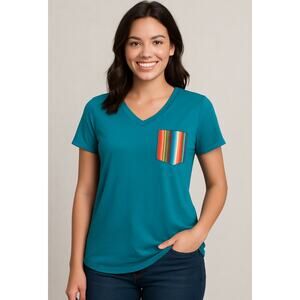 Lucky & Blessed L&B Teal Turquoise V‑Neck Pocket Tee Shirt Small NWT Boho